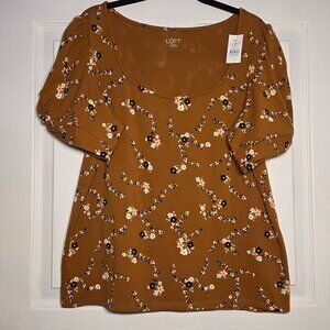 NEW!!! LOFT Outlet Brown Floral Modern Short Sleeve Tee Women's Size Large